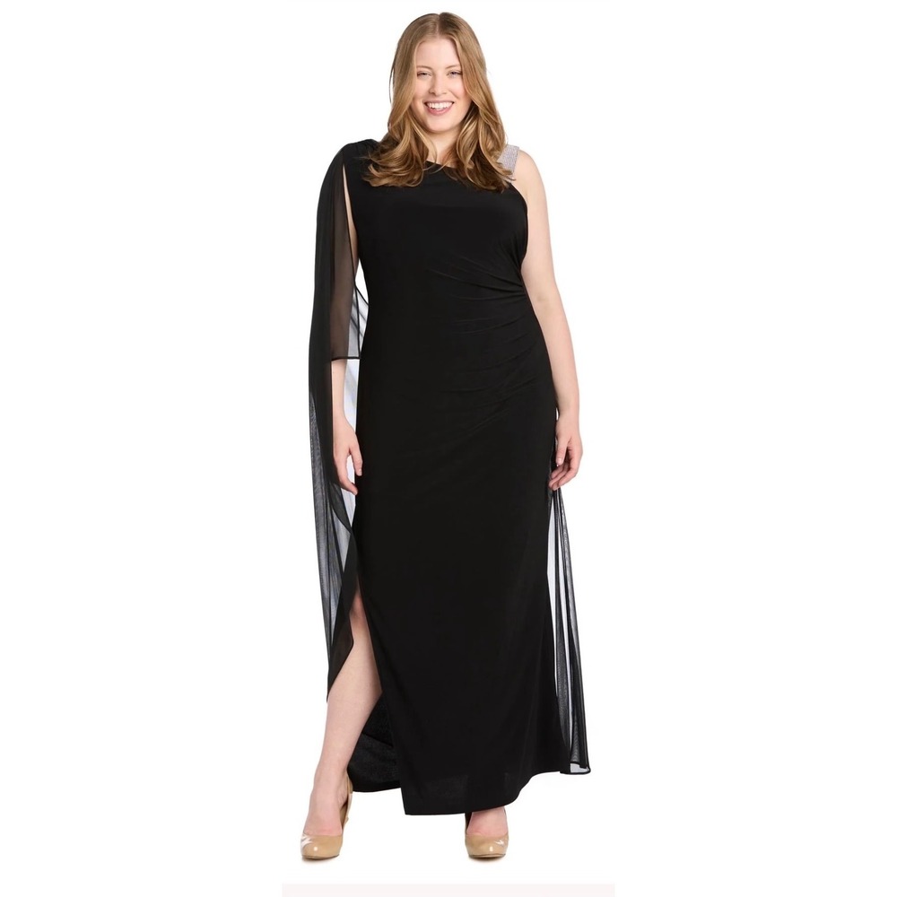 R&M Richards Womens Black One Shoulder Rhinestone Strap Ruched Gown Cape Size 14